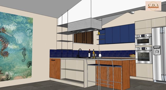 3D cuisine murs beige, meubles marron et bleus avec crédence zelige bleu