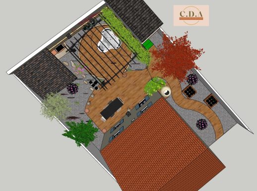3D plan jardin avec pergola et jacuzzi