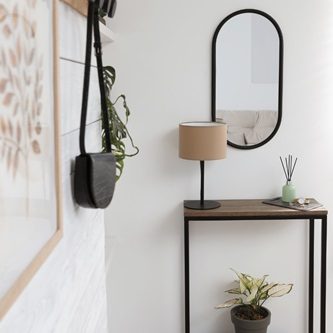 Décoration d'entrée Crécy-La-Chapelle Décoration intérieure d'entrée de maison ou appartement avec un meuble, un miroir, une lampe et des plantes décoratives.