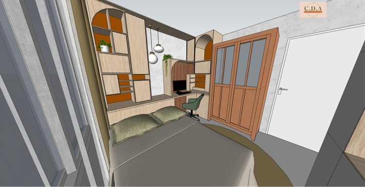 3D plan chambre avec bureau