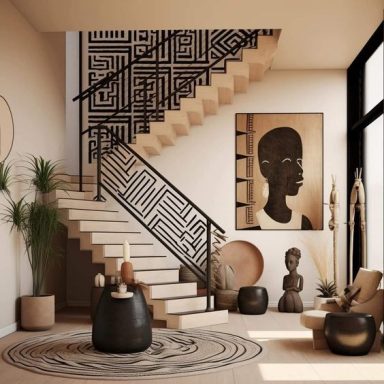 superbe entrée avec escalier et rambarde à motif géométric africain