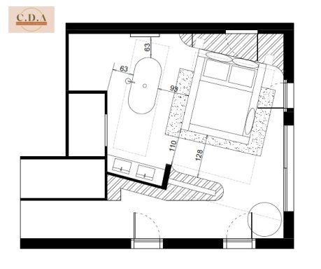 2D plan chambre parentale avec baignoire sabot au centre