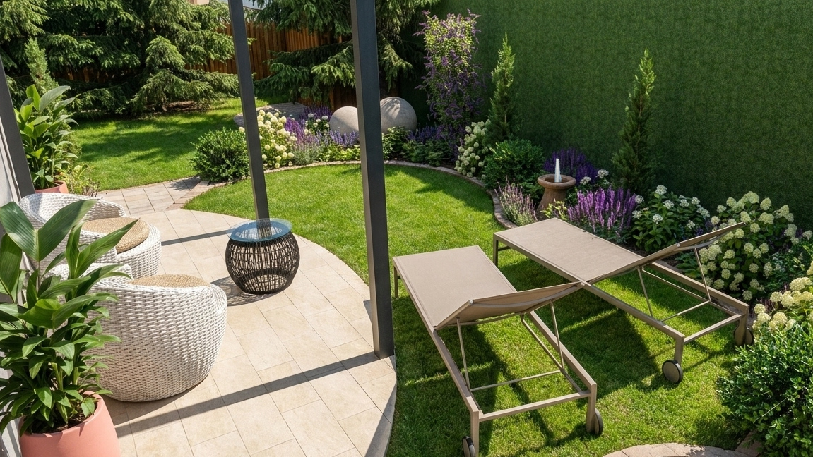Conception de jardin en Seine et Marne-CD&A 77 jardin d'ornement avec transats et fauteuils de détente sur une terrasse en arc de cercle sous une pergola noire.